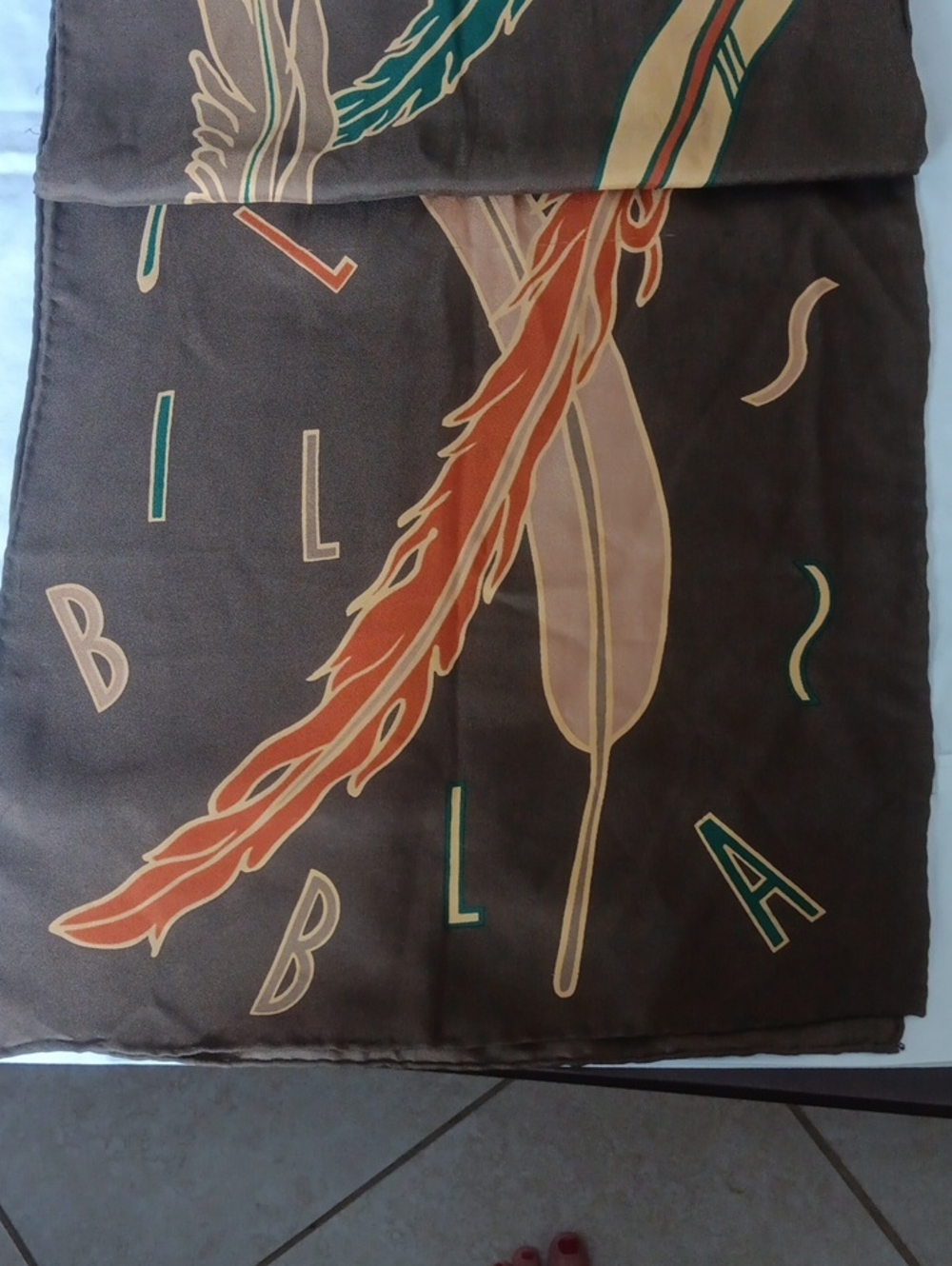 bill blass Brown Scarf with Rust, Cream and Teal Feather Motif